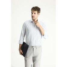 Uzun Kol Slim Fit Dar Kesim Çizgili Spor Keten Gömlek