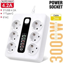 Tekno Trust Akıllı Priz Typ-C ve USB Girişli 6'lı Hızlı Şarjlı Akım Korumalı 2 Metre 2m 50 Hz / 60 Hz Beşli