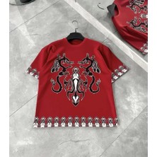 Stock Mount Unisex Bisiklet Yaka Baskılı Oversize T-Shirt Kırmızı