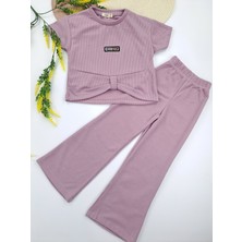 Bonboner Kids Kız Çocuk Crop Ikili Takım Fitilli Kumaş Amblemli Yazlık Mor Pembe Renk Seçenekleri