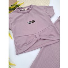 Bonboner Kids Kız Çocuk Crop Ikili Takım Fitilli Kumaş Amblemli Yazlık Mor Pembe Renk Seçenekleri