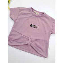 Bonboner Kids Kız Çocuk Crop Ikili Takım Fitilli Kumaş Amblemli Yazlık Mor Pembe Renk Seçenekleri