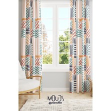 Moud's Renkli Çizgili Kare Desenli Süet Oturma Odası Salon Fon Perde Ekstrafor Büzgü 2 Kanat PRD-1074