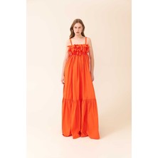 ROMAN Büzgülü Maksi Boy Tafta Elbise Oranj Y2431305_011