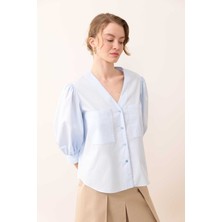 ROMAN V Yaka Poplin Gömlek Mavi Y2413556_036