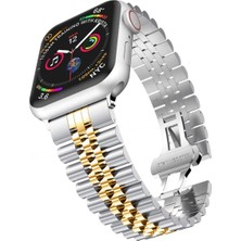 Mi7a Apple Watch Uyumlu Çelik Baklalı Metal Kordon Gümüş Gold