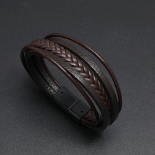 Mingjin Shop 1 NO.83920 Boyutu Zorcvens Yeni Punk Vintage Siyah Çok Katmanlı Hakiki Deri Bilezik Erkekler Için Manyetik Toka Düğmesi Vintage Örgü Bileklik Takı (Yurt Dışından)