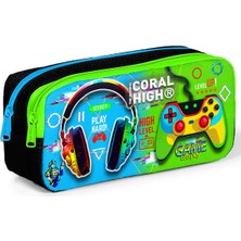 Coral High Kids Siyah Fosforlu Yeşil Kulaklık Game Desenli Iki Bölmeli Kalem Çantası 12077