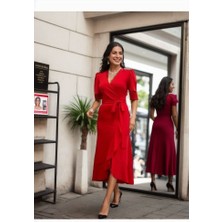 Equri Kadın Kruvaze Yaka Midi Boy Kuşaklı Krep Elbise 120 cm