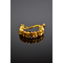 Safnaturel Sarı Kaplan Gözü Doğal Taş Çift Sıra Makrome Bileklik 8 mm