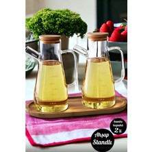 Seninürünün Ithal Bambu Kapaklı Ahşap Standlı Borosılıkat Camlı Yağdanlık & Sirkelik & Zeytinyağı Şisesi 900 ml 3lü Set