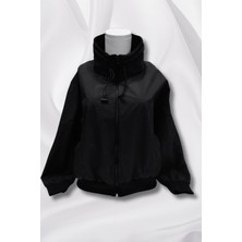 Montland Kadın Siyah Dik Yaka Su ve Rüzgar Geçirmez Oversize Crop Mevsimlik Yağmurluk Rüzgarlık