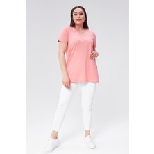 Sea Moda Büyük Beden V Yaka Yırtmaçlı Pamuk Basic Tshirt-Mercan