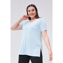 Sea Moda Büyük Beden V Yaka Yırtmaçlı Pamuk Basic Tshirt-Mavi