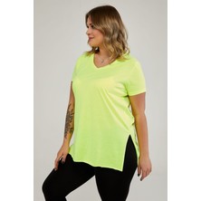 Sea Moda V Yaka Yırtmaçlı Basic Tshirt-Neon Sarı