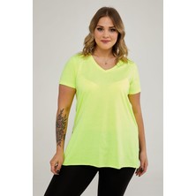 Sea Moda V Yaka Yırtmaçlı Basic Tshirt-Neon Sarı