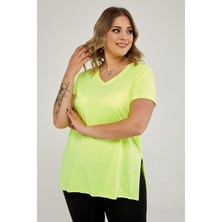 Sea Moda V Yaka Yırtmaçlı Basic Tshirt-Neon Sarı