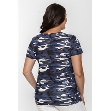 Sea Moda V Yaka Kamuflaj Desen Basic Tshirt-Mavi