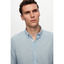 D'S Damat Slim Fit Mavi Düğmeli Yaka %100 Pamuk Yazlık Flamlı Keten Görünümlü Gömlek 6HC02ORT63265