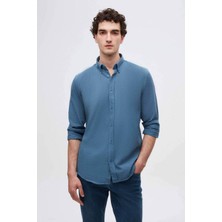 D'S Damat Slim Fit İndigo Düğmeli Yaka %100 Pamuk Yazlık Flamlı Keten Görünümlü Gömlek 6HC02ORT63265