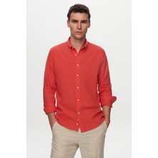 D'S Damat Slim Fit Nar Çiçeği Düğmeli Yaka %100 Pamuk Yazlık Flamlı Keten Görünümlü Gömlek 6HC02ORT63265