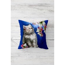 Pelangi Cute Cat Sevimli Kedili Çiçekli Mavi Çift Taraf Gizli Fermuar Genç Kız Kırlent Koltuk Yastık Kılıfı