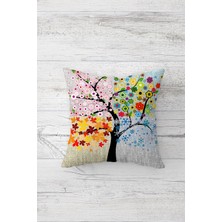 Pelangi Ağaç ve Renkli Çiçekler Çift Tarafı Baskılı Gizli Fermuarlı Yastık Kılıfı Kırlent Yastık Kılıfı