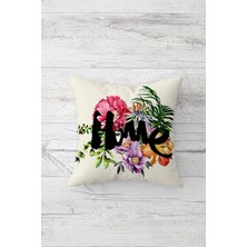 Pelangi Çiçekli Home Yazılı Çift Tarafı Baskılı Gizli Fermuarlı Yastık Kılıfı Kırlent Koltuk Yastık Kılıfı