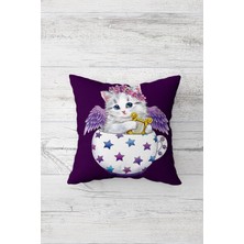 Pelangi Fincanda Sevimli Kedi Çift Tarafı Baskılı Gizli Fermuarlı Yastık Kılıfı Kırlent Koltuk Yastık Kılıfı