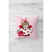 Pelangi Uğurböceği Kedili Çift Tarafı Baskılı Gizli Fermuarlı Yastık Kılıfı Kırlent Koltuk Yastık Kılıfı