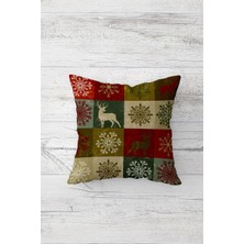 Pelangi Bordo Yeşil Kar Tanesi Geyik Yılbaşı Çift Tarafı Baskı Gizli Fermuarlı Kırlent Koltuk Yastık Kılıfı