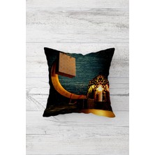 Pelangi Ay ve Fener Ramazan Temalı Çift Tarafı Baskılı Gizli Fermuarlı Yastık Kılıfı Kırlent Yastık Kılıfı