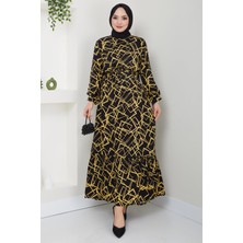 Hafsa Mina Geometrik Desenli Viskon Elbise Sarı HM2401