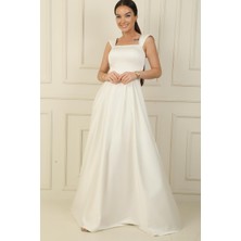 By Saygı Askılı Taş Detaylı Kare Yaka Astarlı Uzun Saten Elbise