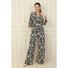 By Saygı Ön Arka V Yaka Crop Beli Lastikli Cepli Palazzo Pantolon Çiçekli 2'li Takım