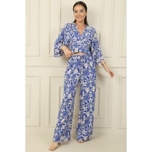 By Saygı Ön Arka V Yaka Crop Beli Lastikli Cepli Palazzo Pantolon Çiçekli 2'li Takım