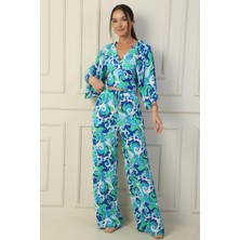 By Saygı Beli Lastikli Cepli Palazzo Pantolon Ön Arka V Yaka Crop Etnik Desenli 2'li Takım