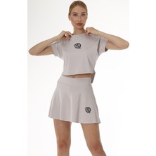 Quitaly Baskılı Bisiklet Yaka Oversize Spor Crop T-Shirt Gri