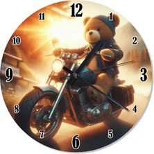Ekart Motosiklet Kullanan Oyuncak Ayı Baskılı Duvar Saati
