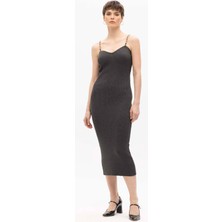 Sherin Antrasit Pamuklu Zincir Askılı Midi Triko Elbise