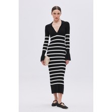 Sherin Siyah Çizgili Uzun Triko Elbise