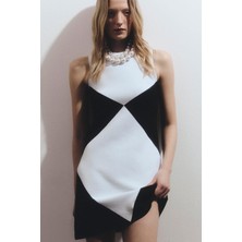 Sherin Siyah Geometrik Desenli Mini Triko Elbise