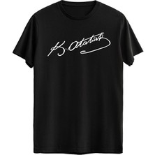 Çapıt %100 Pamuklu Beyaz Atatürk Imza Baskılı Siyah Kısa Kollu  Tişört