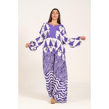Keyifli Moda Kadın Mor Kayık Yaka Balon Kollu Desenli Uzun Elbise