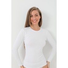 Qumash Kadın Uzun Kollu Tişört Pamuk Ribana Beyaz - Xl