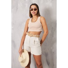 The Champ Clothing The Champ Geniş Yaka Bej Kadın Crop Top