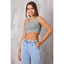 The Champ Clothing The Champ Geniş Yaka Gri Melanj Kadın Crop Top