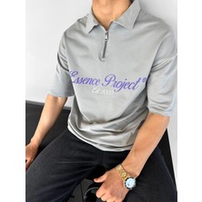 Abluka Online Erkek Oversize Fermuarlı Polo Yaka Baskılı T-Shirt Açık Gri