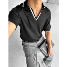 Abluka Online Erkek Yarım Pat V Yaka Desenli Triko T-Shirt Siyah Beyaz