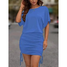 Stock Mount Kadın Kısa Kollu Bisiklet Yaka Yanlardan Büzgülü Kısa Viskon Elbise